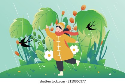 A little girl runs in the rain with plants in the background, vector illustration