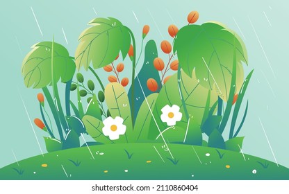 A little girl runs in the rain with plants in the background, vector illustration