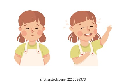 Little Girl with Sad Grimace and Laughing Out Loud Demonstrating Facial Expression and Emotion Vector Set