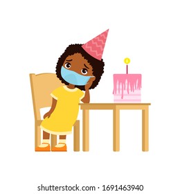 Little girl is sad on her birthday. Cute kid with a medical mask on his face sits on a chair. Birthday alone. Virus protection, allergies concept. Vector illustration on a white background.