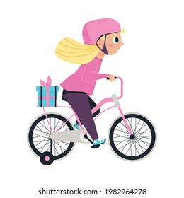 Little Girl In Safety Helmet Riding Bicycle With Gift On Trunk. Child Rides A Tricycle. Outdoors Activity For Children During Summer Vacation. Flat Vector Isolated Illustration.