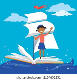 Niña pequeña navegando en un barco de lectura en el mar con letras, EPS 8 ilustración vectorial