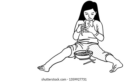 The little girl sat on the floor while holding mobile phone and not seriously eating noodles.