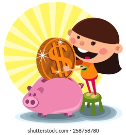 A Little Girl Saving Money To Piggy Bank
