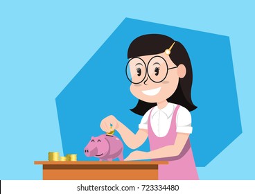 A little girl saving money to piggy Bank.Vector illustration.