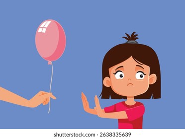 
Little Girl Saying No to a Free Balloon Vector Cartoon. Unhappy child feeling upset with the gift she received being ungrateful