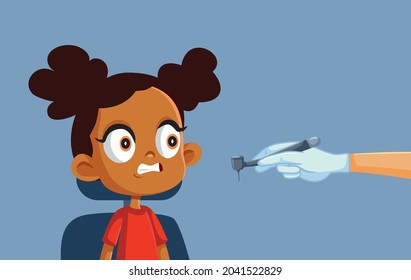 Little Girl Scared of the Dentist Vector Cartoon Illustration. Frightened anxious child panicking in dental cabinet after seeing a drill instrument 
