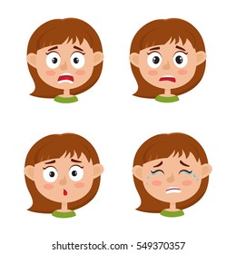 Little girl scared face expression, set of cartoon vector illustrations isolated on white background. Set of kid emotion face icons, facial expressions.
