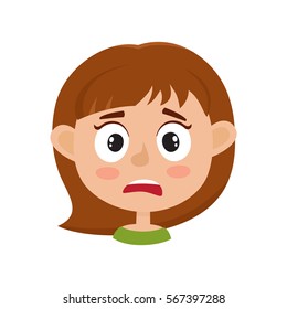 Little girl scared face expression, cartoon vector illustrations isolated on white background. Kid emotion face icons, facial expressions.