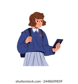 Little girl in school uniform holds smartphone in hand. Cute student with surprised facial expression looks away. Schoolgirl with phone carries backpack. Flat isolated vector illustration on white