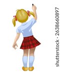 Little girl in school uniform standing on tiptoes with her back to the viewer and writing with her hand raised up isolated on white. Vector illustration in 
3d style. NOT AI generated