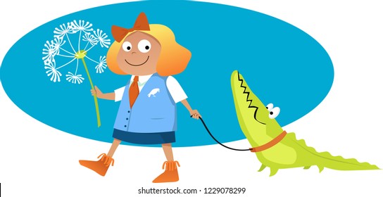 Little girl in a school uniform walking a crocodile on a leash, EPS 8 vector illustration