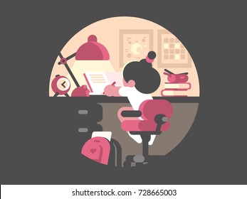 Little girl schoolgirl doing homework. Children workplace for study. Vector illustration