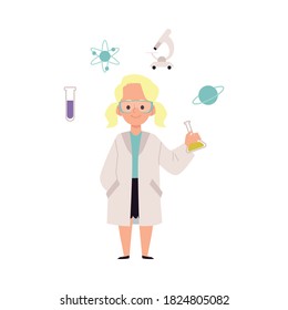 Little girl scientist of biology or chemistry, flat vector illustration isolated on white background. A child in a lab coat stands among scientific objects.