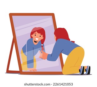 Little Girl Scrutinizing A Mirror, Examining her Reflection Located In Front Mirror Standing on Floor, Revealing Feelings Of Self-awareness Isolated On White Background. Cartoon Vector Illustration