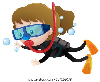 Little girl scuba diving underwater illustration