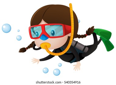 Little girl scuba diving underwater illustration