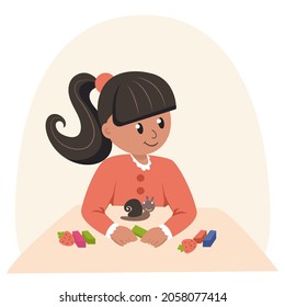 A little girl sculpts from plasticine. Children's leisure. Cartoon vector illustration isolated