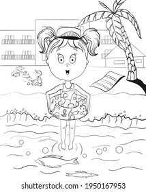 Little girl at sea during vacation, contour