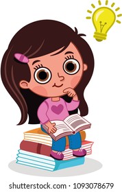 Little girl searching for a good idea from the books. Vector illustration.