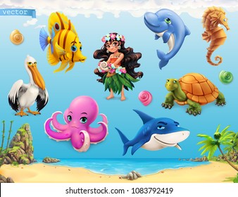 Little Girl With A Seashell. Funny Sea Animals And Fishes. 3d Vector Icon Set