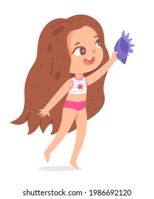 Niñita con concha en la orilla del mar. Niño divirtiéndose en vacaciones de verano o ilustración vectorial de vacaciones. Niño feliz con traje de baño sosteniendo y mostrando conchas aisladas en fondo blanco.