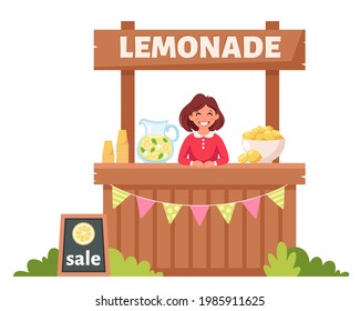 Little girl selling cold lemonade in lemonade stand. Summer cold drink. Vector illustration