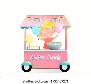 Little girl selling cotton candy, from the street stall with candy floss machine, pink color design for kids and children. Colorful watercolor style candy floss vendor cartoon. Vector isolated design.