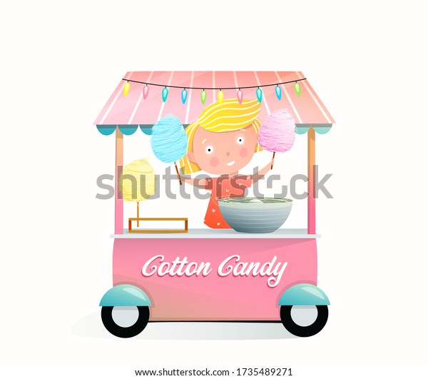 Little girl selling cotton candy, from the street\
stall with candy floss machine, pink color design for kids and\
children. Colorful watercolor style candy floss vendor cartoon.\
Vector isolated design.