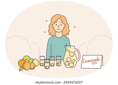 Little girl selling homemade lemonade outdoors. Happy small child at stall sell citrus drink to passer-by on street. Vector illustration.
