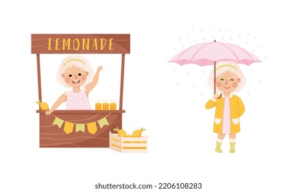 Little girl selling lemonade juice and walking with umbrella outdoors cartoon vector illustration