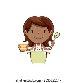 Little girl serving soup, happy cute child