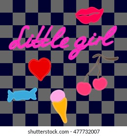 Little girl. Set of cute patches for kids clothing. Pop art symbols. Heart, lips, cherry, ice cream, sweets. Retro textile collection. On checkered background.