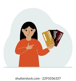 Little girl with several plastic cards. The concept of teaching children financial literacy. Vector flat illustration