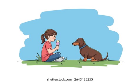 A Little Girl Shares Her Ice Cream With Her Beloved Dachshund Dog