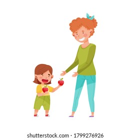 Little Girl Sharing Apple with Young Woman Vector Illustration