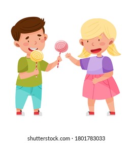 Little Girl Sharing Candy with Boy Vector Illustration