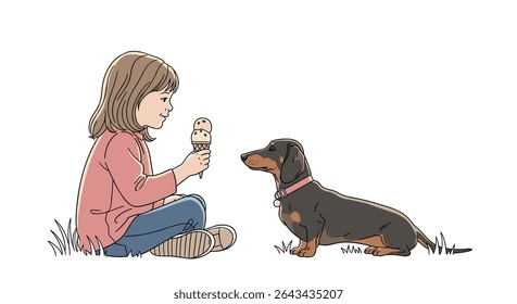 Little Girl Sharing Delicious Ice Cream with her Adorable Dachshund Dog in Park