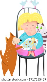 Little girl sharing food with cat dog and cat friends. Cute child sit on chair pets and birds friends eating together from one plate tasty meal. Fun humour kids vector cartoon in watercolor style.