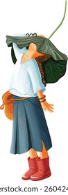 Little Girl Sheltering Under a Taro Leaf with a Woven Basket