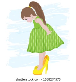 Little girl in mother’s shoes. Green dress with stars. Vector art