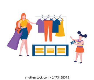 Little Girl in Shop Choose Dress, Shopping, Child Holding Money Banknote in Hands, Woman Seller Bring Dressing for Fitting, Weekend Leisure, Mother Daughter in Store Cartoon Flat Vector Illustration