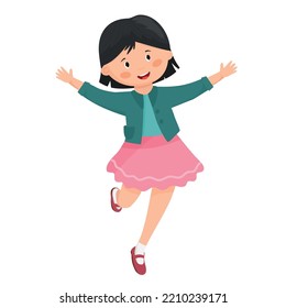 A little girl with short hair in a skirt joyfully jumps
