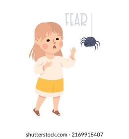 Little Girl Showing Fear Sense Standing Near Spider Vector Illustration