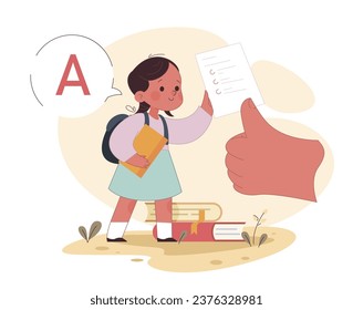 Little girl showing good school performance with A grade. Positive impact of father' involvement on child' education and future career. Engaged or committed fatherhood. Flat vector illustration.