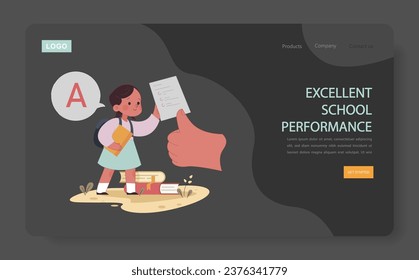 Little girl showing good school performance with A grade web banner or landing page. Positive impact of father' involvement on child' education. Committed fatherhood. Flat vector illustration.