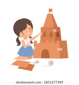 Little Girl Showing Handcrafted Cardboard Castle Vector Illustration