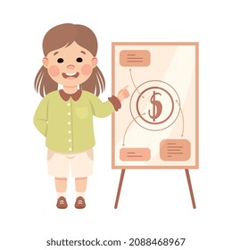 Little Girl Showing Presentation on White Board Engaged in Economic Education and Financial Literacy Learning Saving and Investing Money Vector Illustration