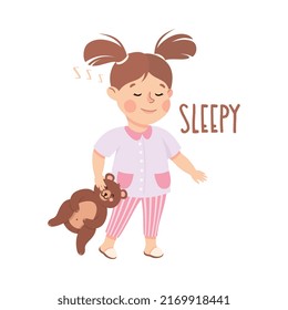 Little Girl Showing Sense of Sleepiness Walking to Bed in Pajama with Teddy Bear Vector Illustration