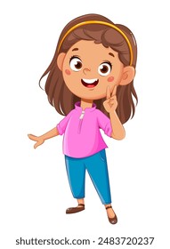 Little girl showing victory sign. Cheerful cartoon character.